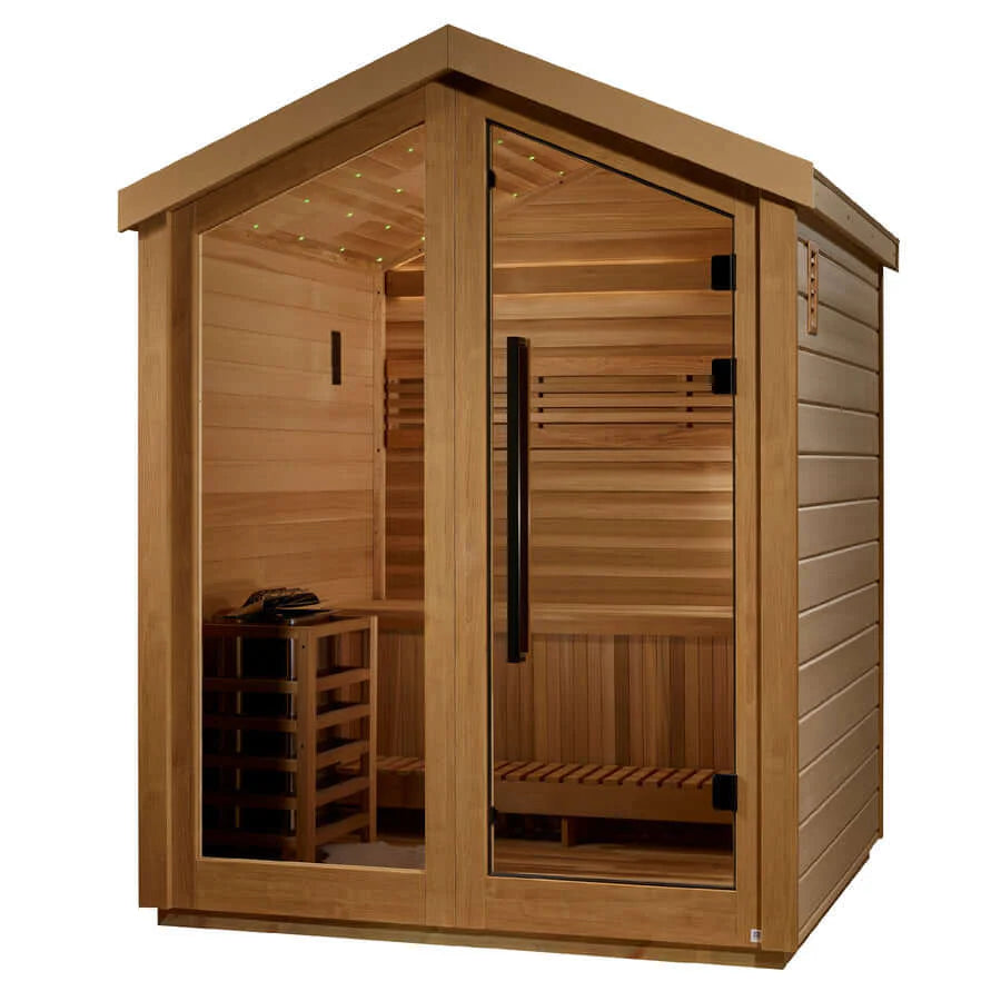 Golden Designs Savonlinna 3-Person Red Cedar Outdoor Sauna & Harvia Traditional Electric Heater Kit - Pro Plunge