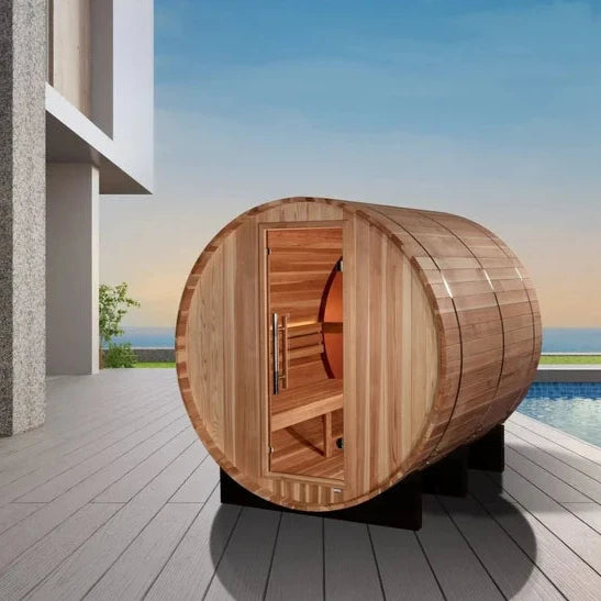 Golden Designs "Zurich" 4 Person Barrel Traditional Sauna with Bronze Privacy View - Pro Plunge