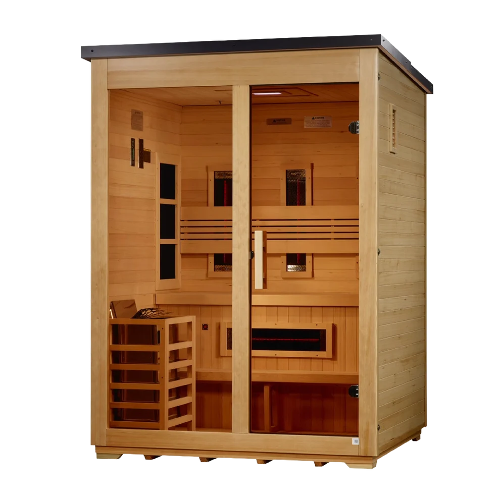 Golden Designs "Carinthia" 3 Person Hybrid (PureTech™ Full Spectrum IR or Traditional Stove) Outdoor Sauna -  Flat Roof Outdoor Sauna - Pro Plunge