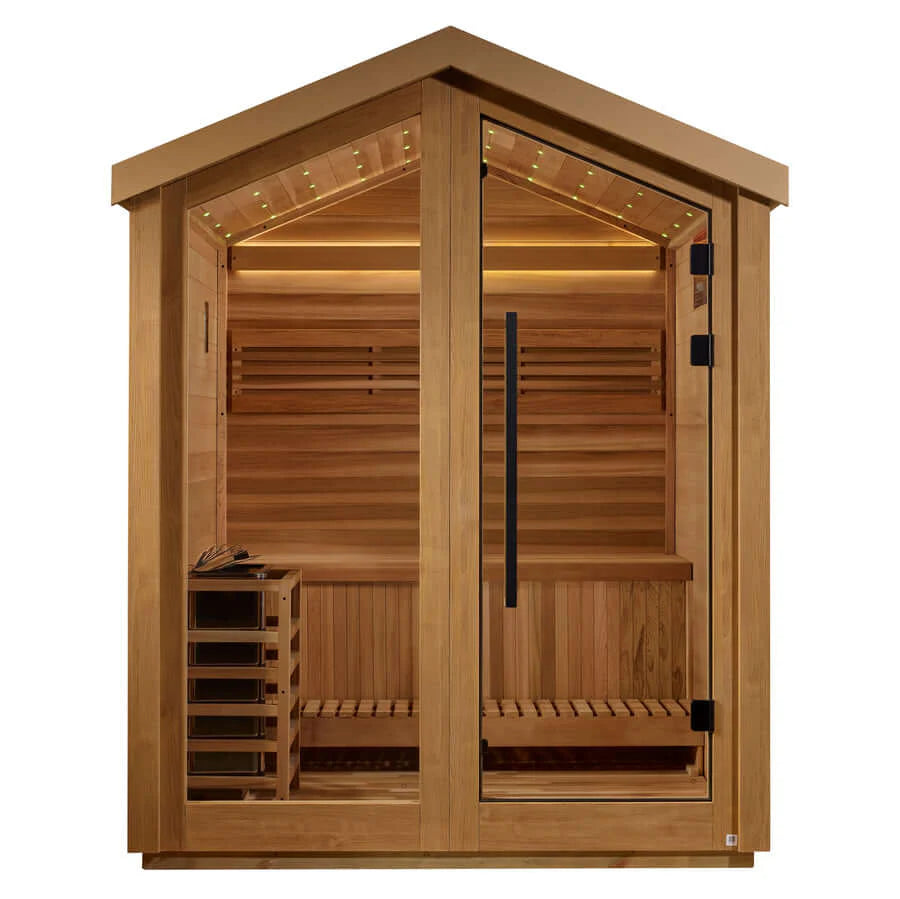 Golden Designs Savonlinna 3-Person Red Cedar Outdoor Sauna & Harvia Traditional Electric Heater Kit - Pro Plunge