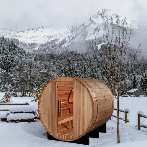 Golden Designs "Zurich" 4 Person Barrel Traditional Sauna with Bronze Privacy View - Pro Plunge