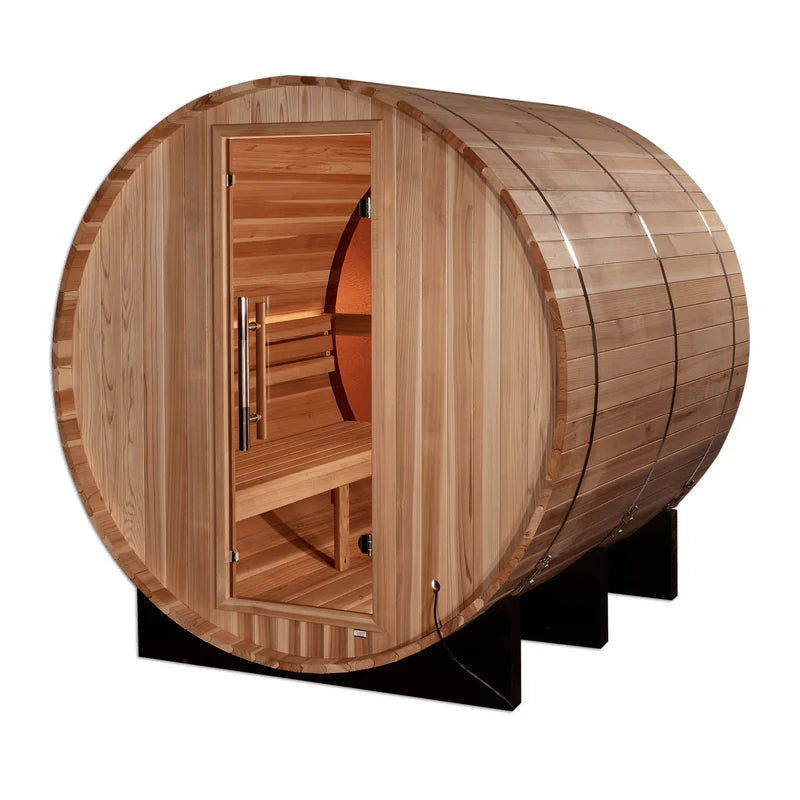 Golden Designs "Zurich" 4 Person Barrel Traditional Sauna with Bronze Privacy View - Pro Plunge