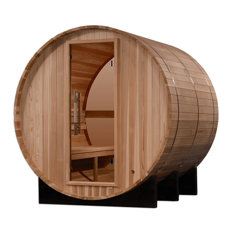 Golden Designs "Zurich" 4 Person Barrel Traditional Sauna with Bronze Privacy View - Pro Plunge