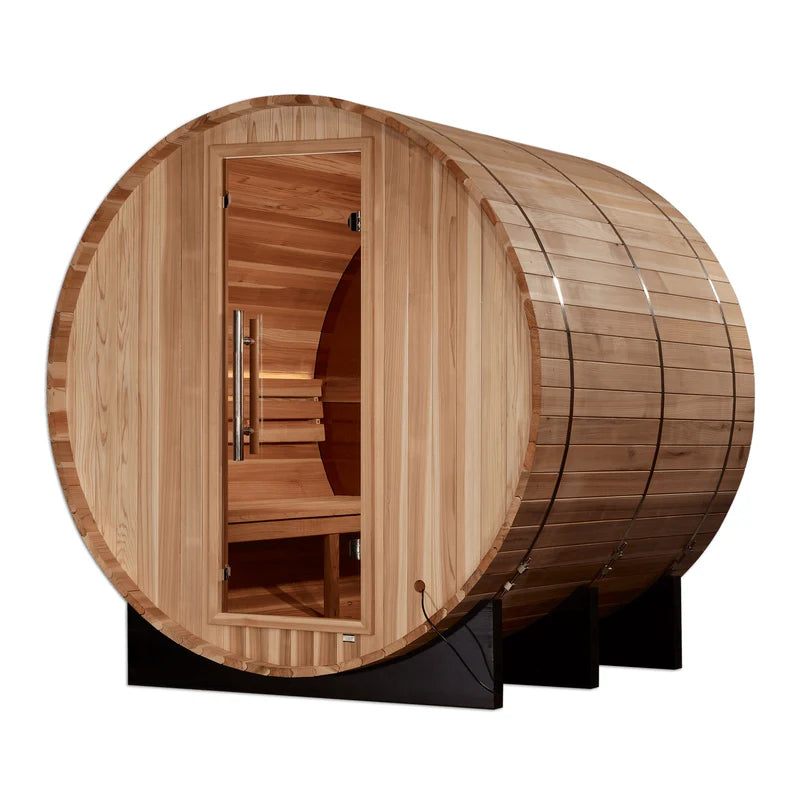 Golden Designs "Zurich" 4 Person Barrel Traditional Sauna with Bronze Privacy View - Pro Plunge