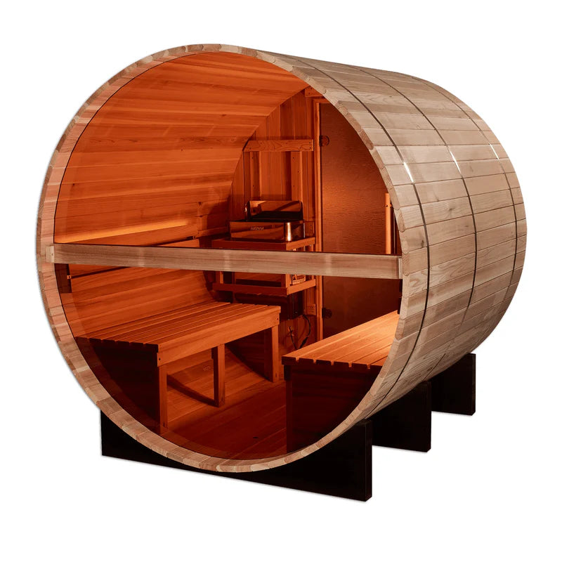 Golden Designs "Zurich" 4 Person Barrel Traditional Sauna with Bronze Privacy View - Pro Plunge