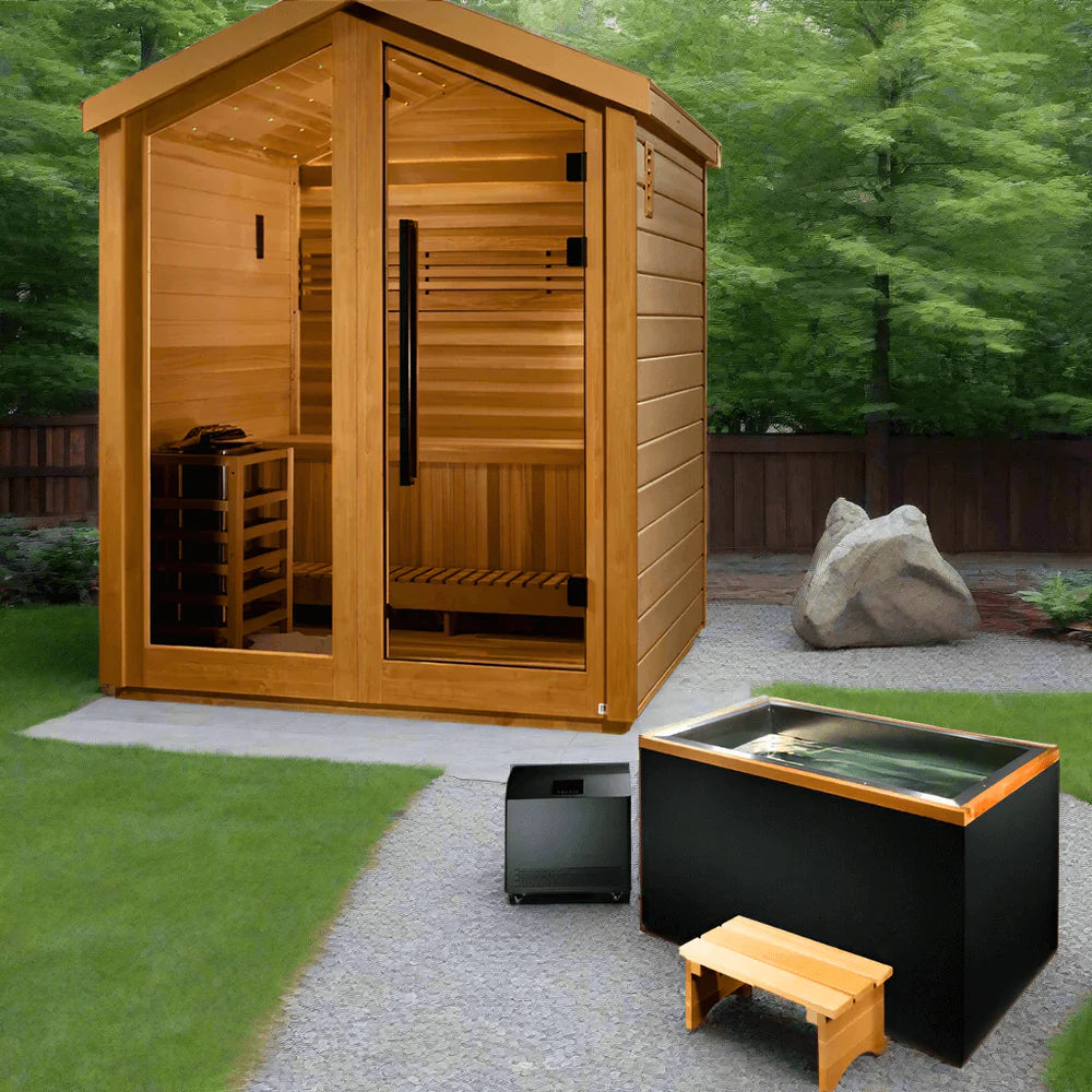 Golden Designs Savonlinna 3-Person Red Cedar Outdoor Sauna & Harvia Traditional Electric Heater Kit - Pro Plunge