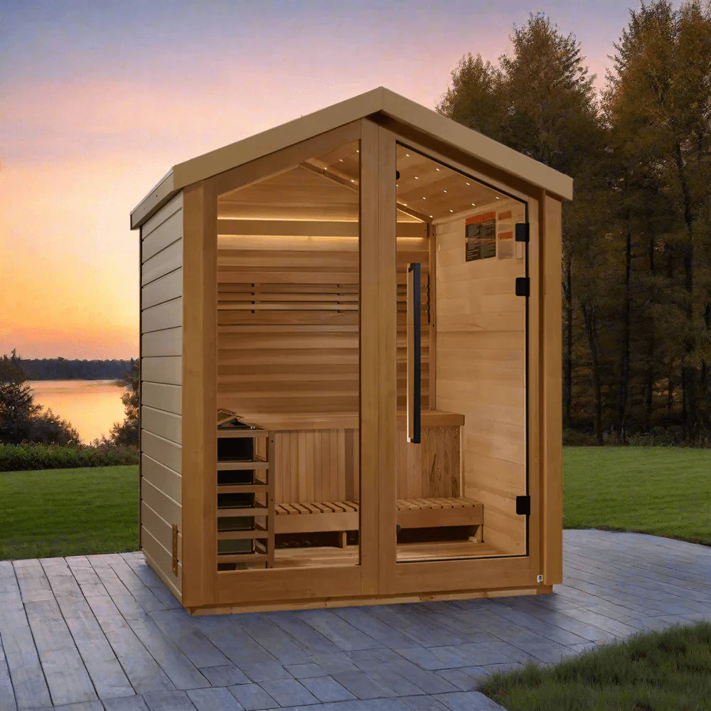 Golden Designs Savonlinna 3-Person Red Cedar Outdoor Sauna & Harvia Traditional Electric Heater Kit - Pro Plunge