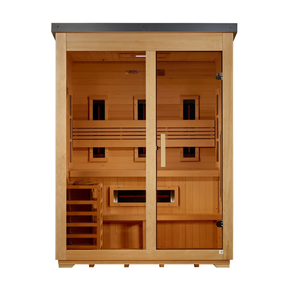 Golden Designs "Carinthia" 3 Person Hybrid (PureTech™ Full Spectrum IR or Traditional Stove) Outdoor Sauna -  Flat Roof Outdoor Sauna - Pro Plunge
