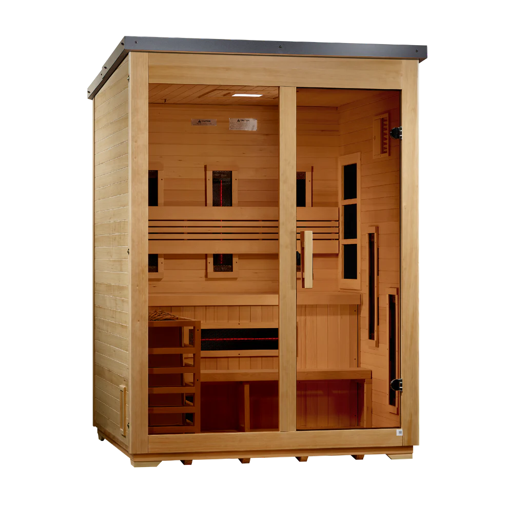 Golden Designs "Carinthia" 3 Person Hybrid (PureTech™ Full Spectrum IR or Traditional Stove) Outdoor Sauna -  Flat Roof Outdoor Sauna - Pro Plunge
