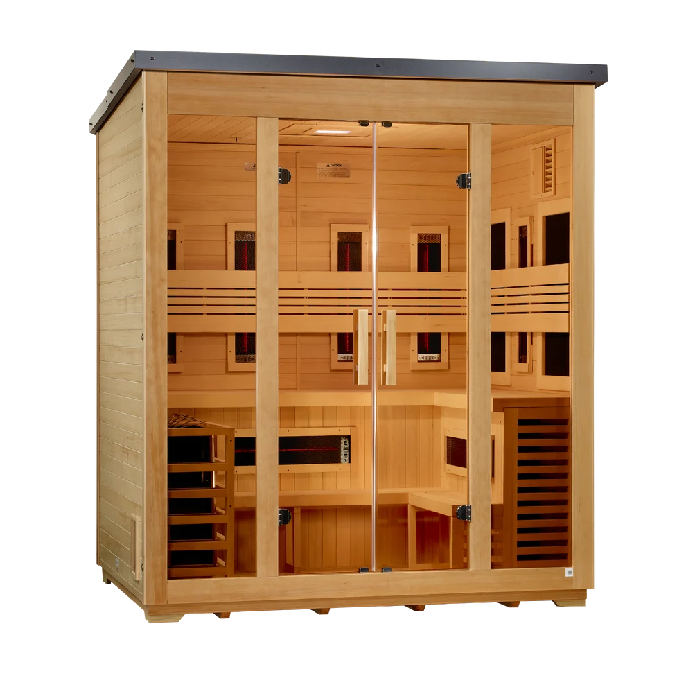 Golden Designs "Gargellen" 5 Person Hybrid (PureTech™ Full Spectrum IR or Traditional Stove) Outdoor Sauna - Flat Roof Outdoor Sauna