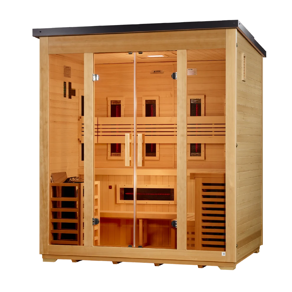Golden Designs "Gargellen" 5 Person Hybrid (PureTech™ Full Spectrum IR or Traditional Stove) Outdoor Sauna - Flat Roof Outdoor Sauna