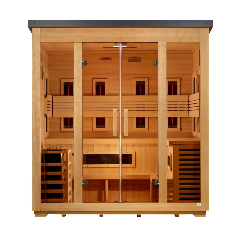 Golden Designs "Gargellen" 5 Person Hybrid (PureTech™ Full Spectrum IR or Traditional Stove) Outdoor Sauna - Flat Roof Outdoor Sauna
